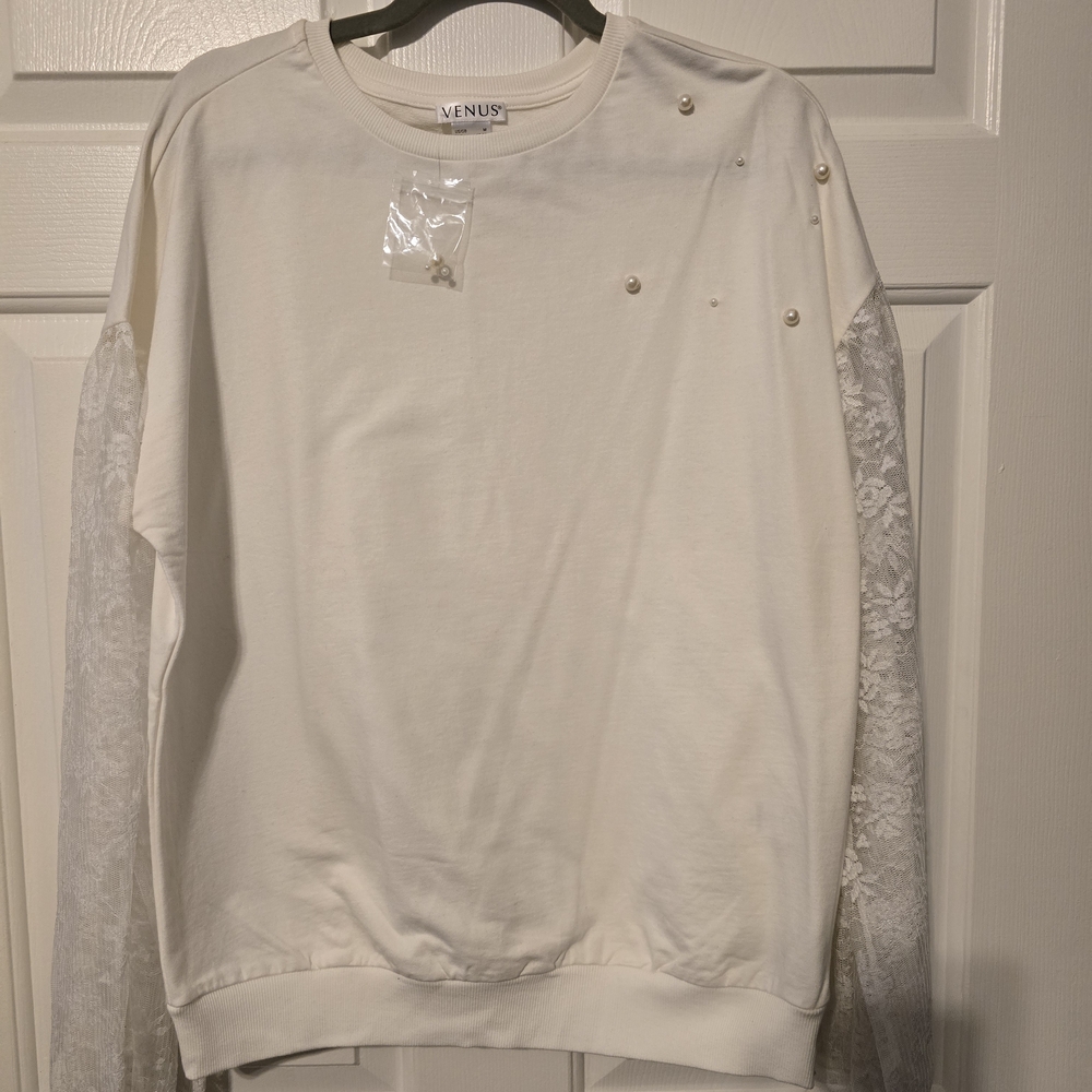 VENUS Ivory Lace Sleeve Sweatshirt with Pearl Embellishments